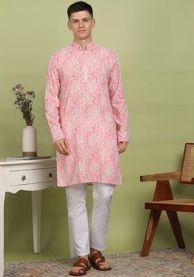 Pink Embroidered Cotton Kurta Set For Men