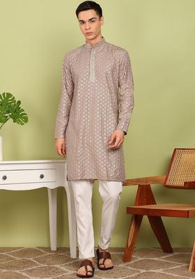 Brown Embroidered Cotton Kurta Set For Men