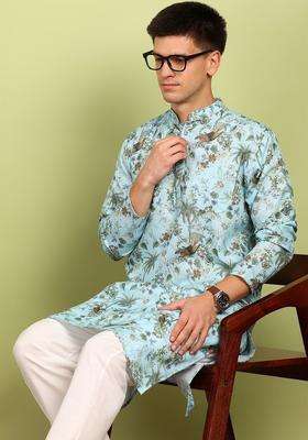 Blue Printed Cotton Kurta Set For Men