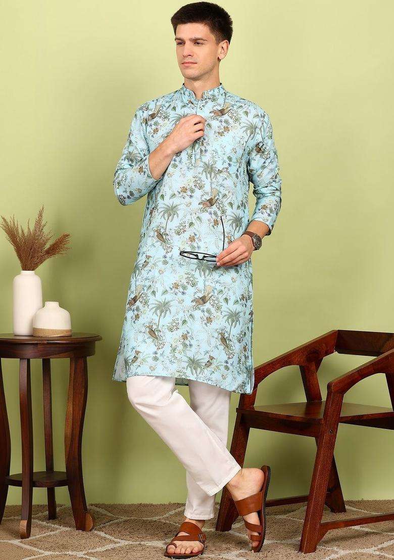 Blue Printed Cotton Kurta Set For Men - Indya