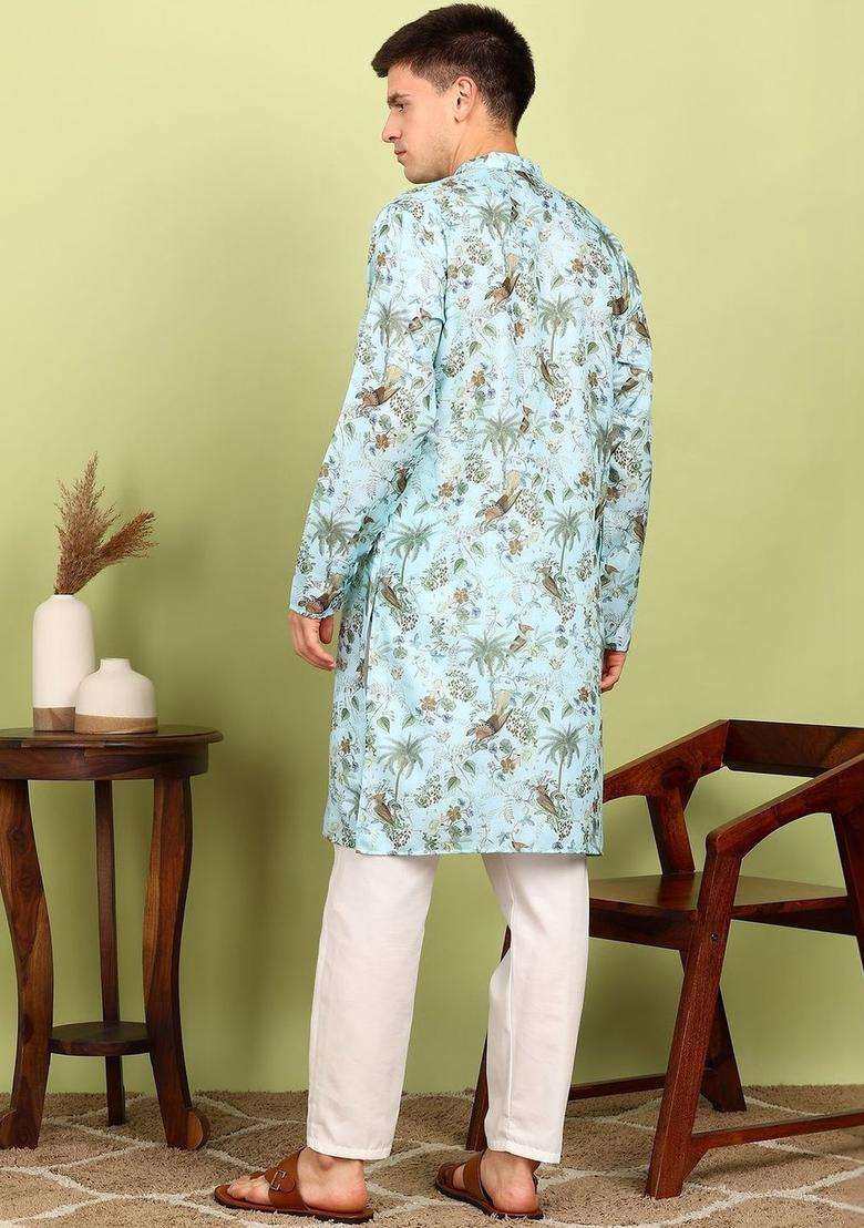 Blue Printed Cotton Kurta Set For Men - Indya