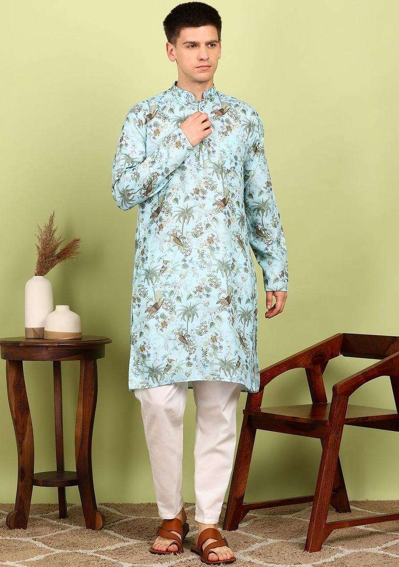 Blue Printed Cotton Kurta Set For Men - Indya