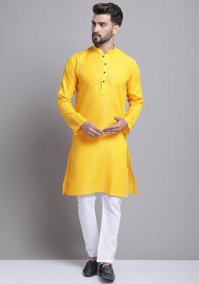 Yellow Striped Cotton Kurta Set For Men