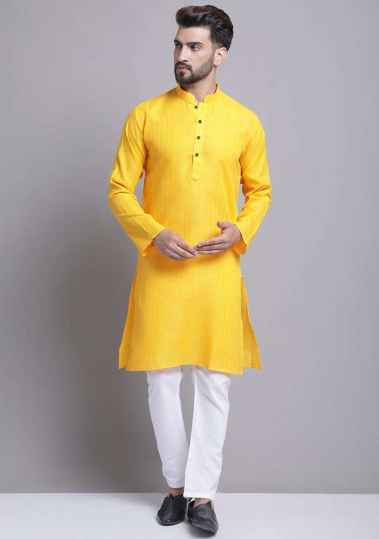 Yellow Striped Cotton Kurta Set For Men - Indya