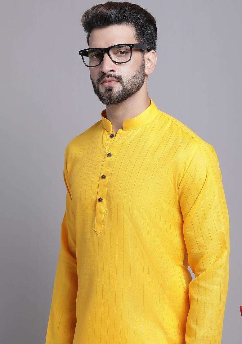 Yellow Striped Cotton Kurta Set For Men - Indya
