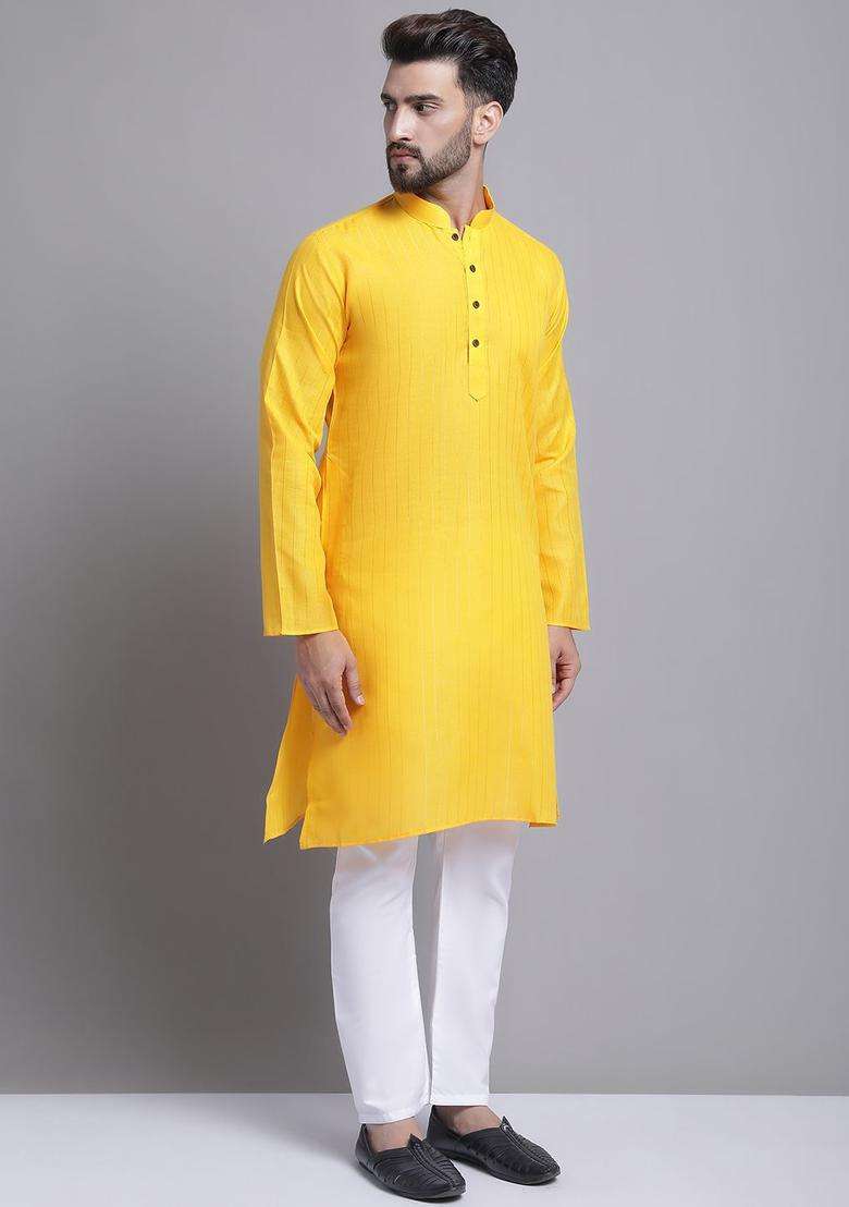 Yellow Striped Cotton Kurta Set For Men - Indya