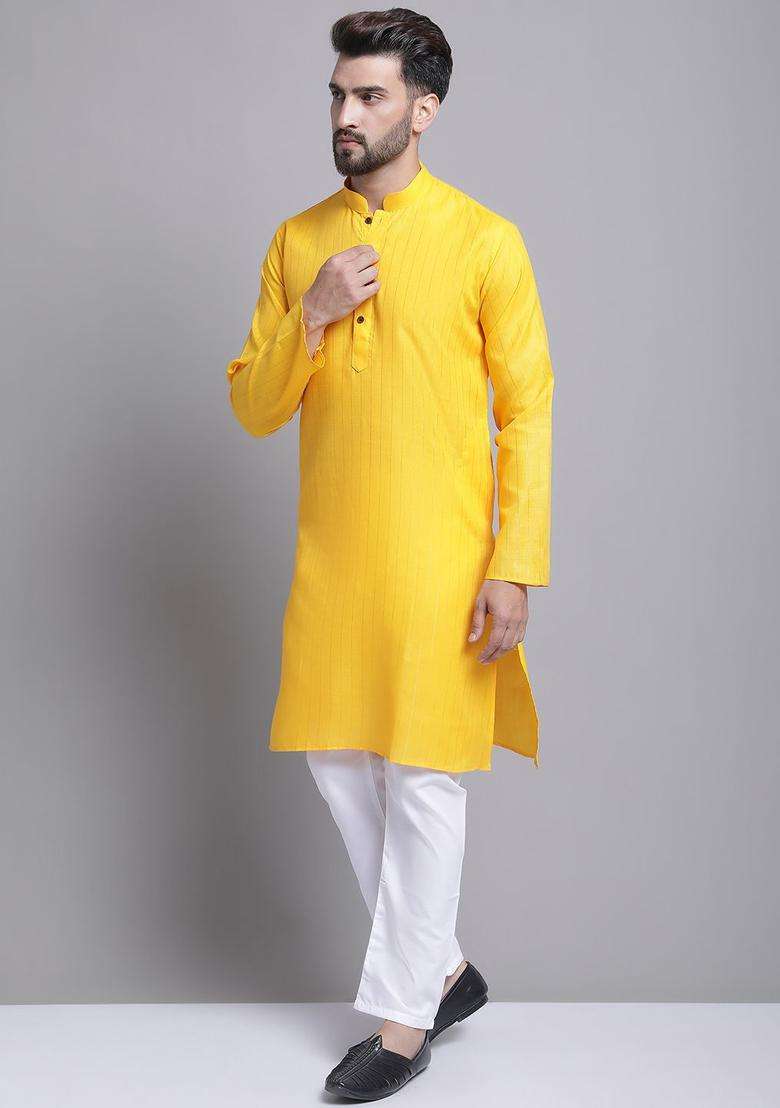 Yellow Striped Cotton Kurta Set For Men - Indya