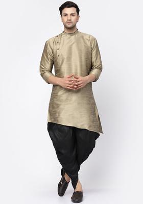 Gold Solid Silk Kurta Set For Men