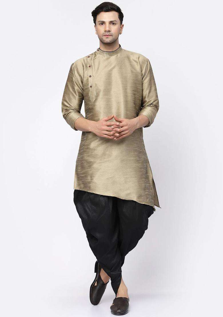 Gold Solid Silk Blend Kurta Set For Men - Indya