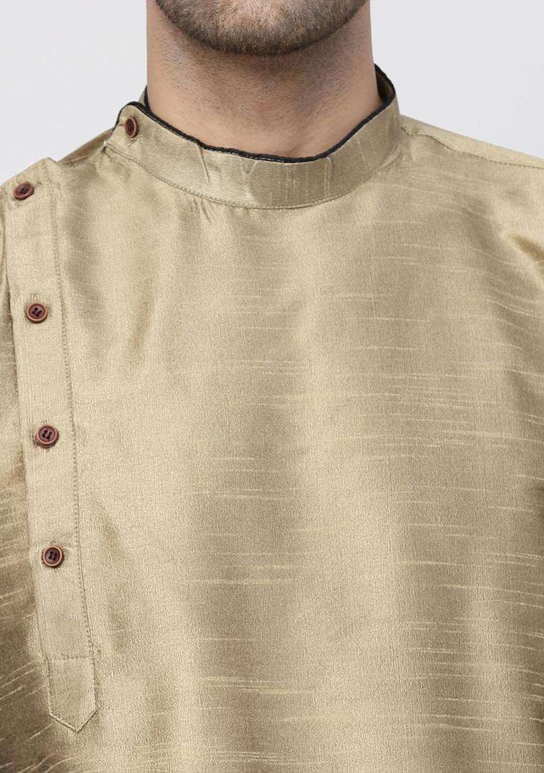 Gold Solid Silk Blend Kurta Set For Men - Indya
