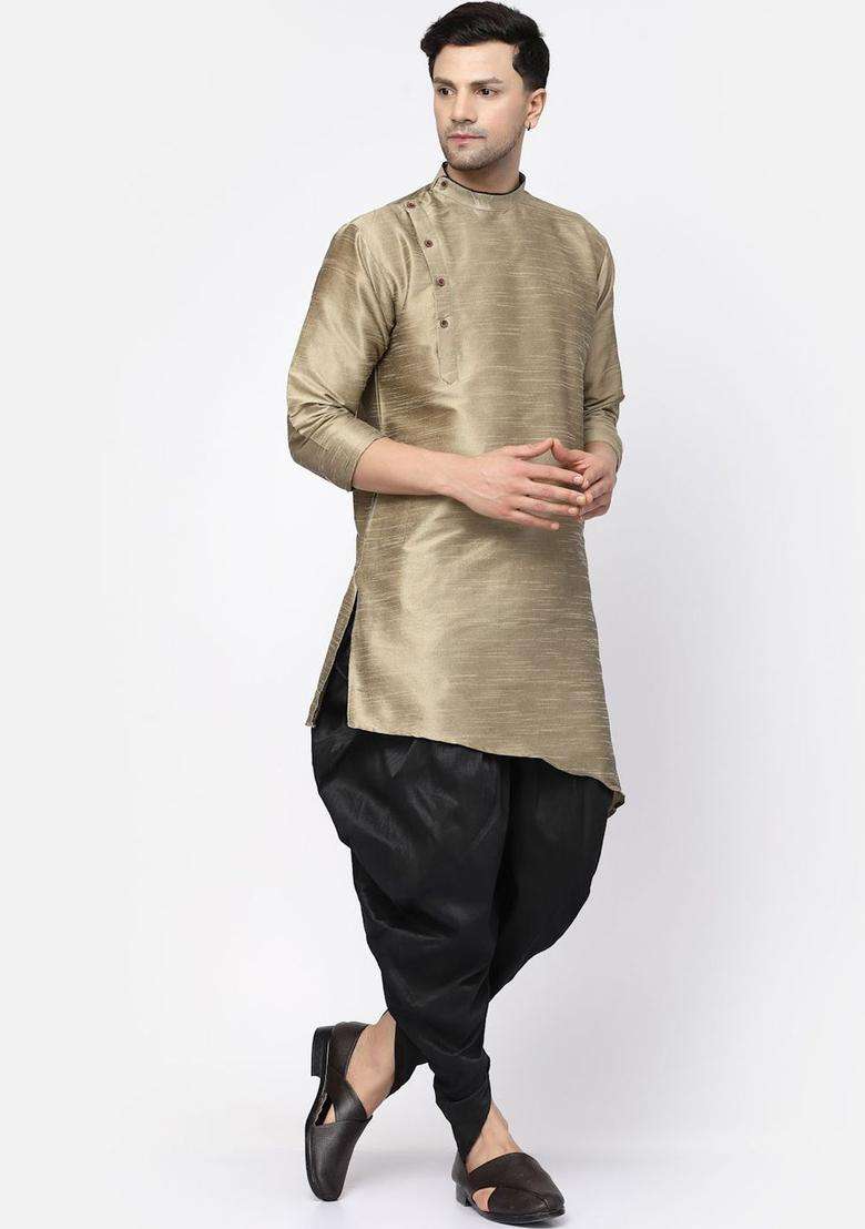 Gold Solid Silk Blend Kurta Set For Men - Indya