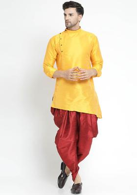 Yellow Solid Silk Kurta Set For Men