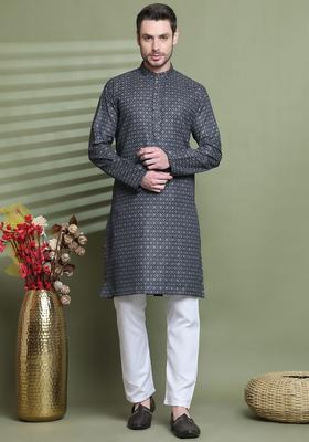 Black Printed Cotton Kurta Set For Men