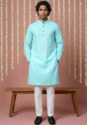Turquoise Blue Solid Cotton Kurta Set For Men