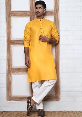 Yellow Solid Cotton Kurta Set For Men
