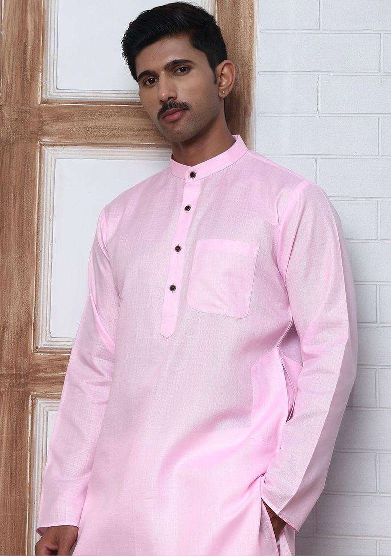 Pink Solid Cotton Kurta Set For Men - Indya