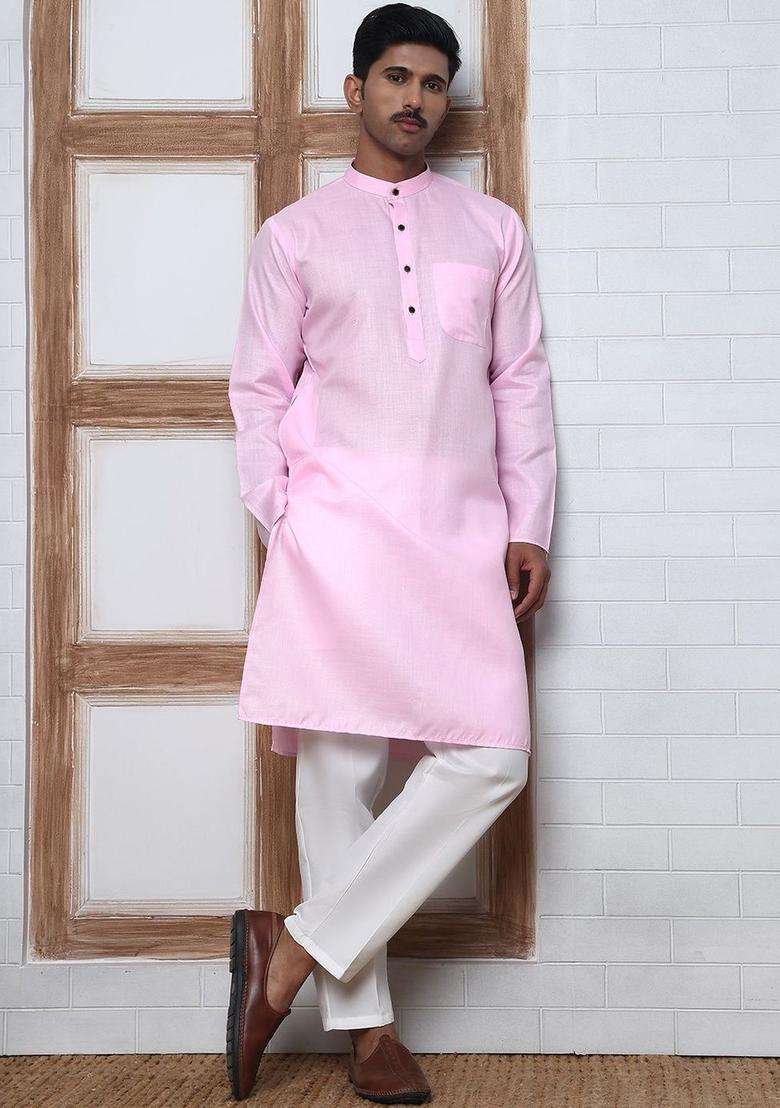 Pink Solid Cotton Kurta Set For Men - Indya