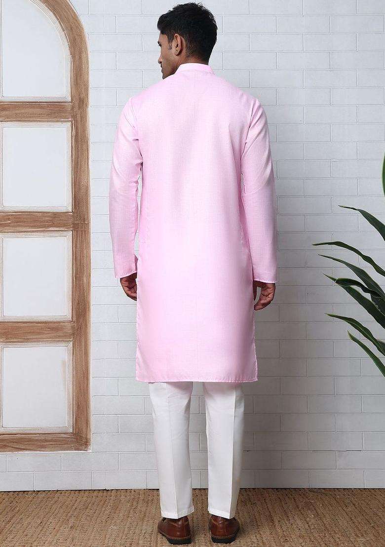 Pink Solid Cotton Kurta Set For Men - Indya