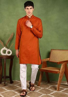 Orange Woven Design Silk Kurta Set For Men
