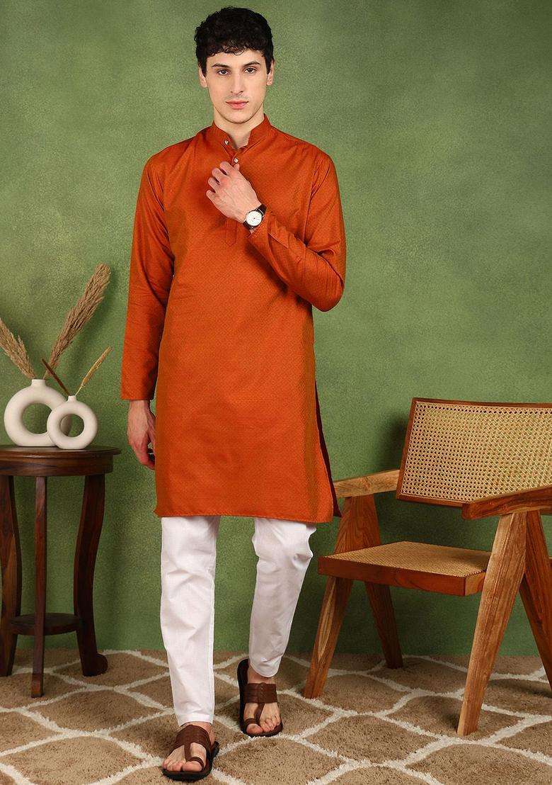 Orange Woven Design Silk Blend Kurta Set For Men - Indya