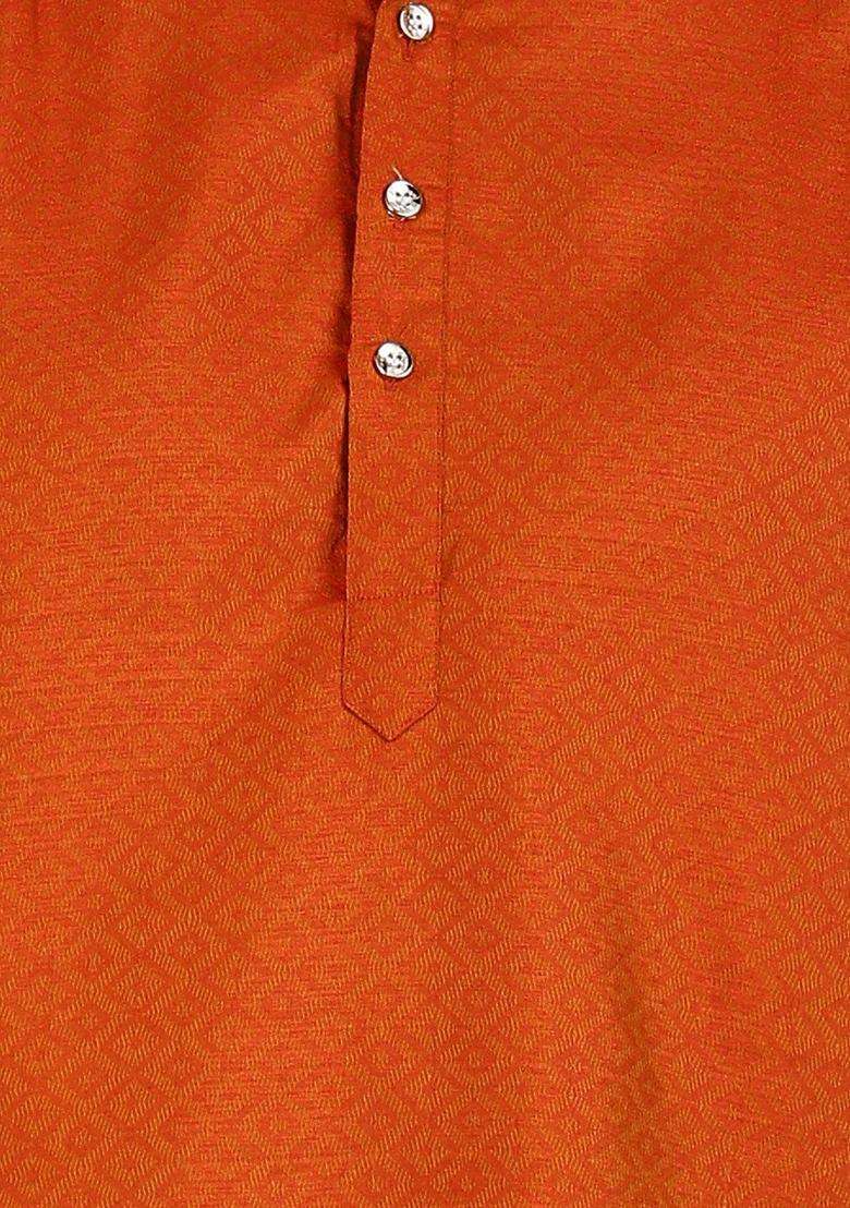 Orange Woven Design Silk Blend Kurta Set For Men - Indya