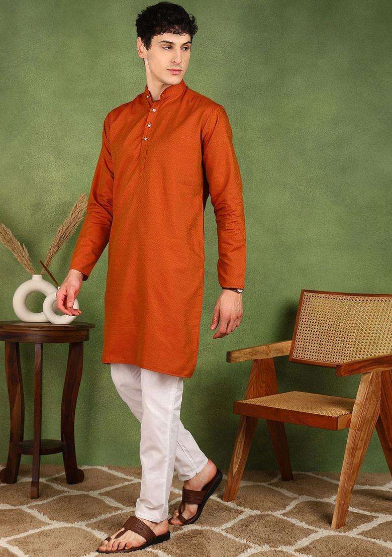 Orange Woven Design Silk Blend Kurta Set For Men - Indya