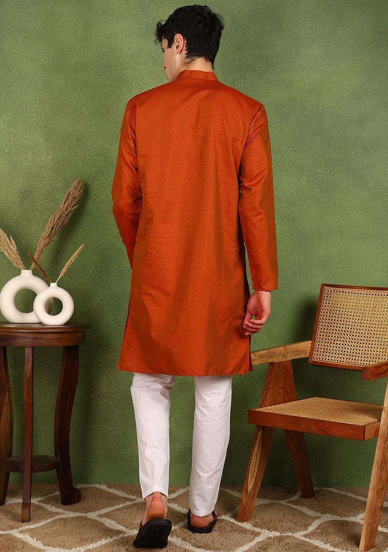Orange Woven Design Silk Blend Kurta Set For Men - Indya