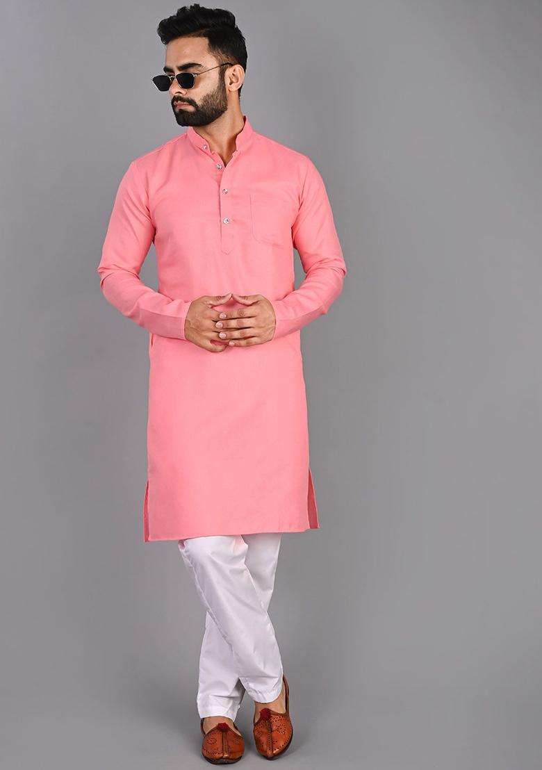 Pink Solid Cotton Kurta Set For Men - Indya
