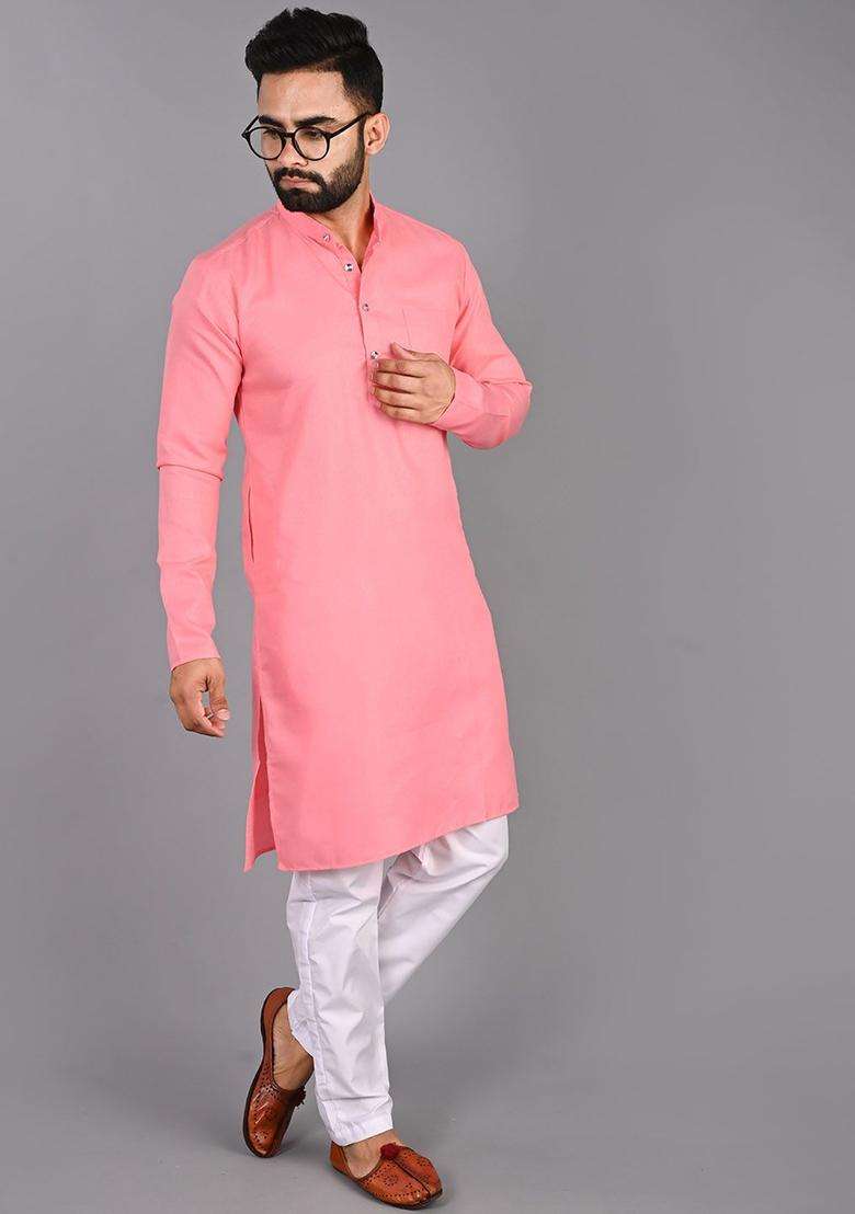 Pink Solid Cotton Kurta Set For Men - Indya