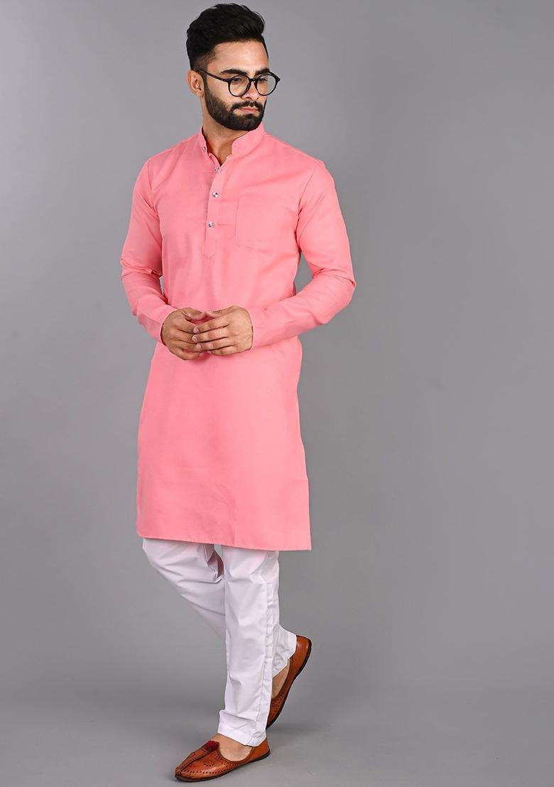 Pink Solid Cotton Kurta Set For Men - Indya