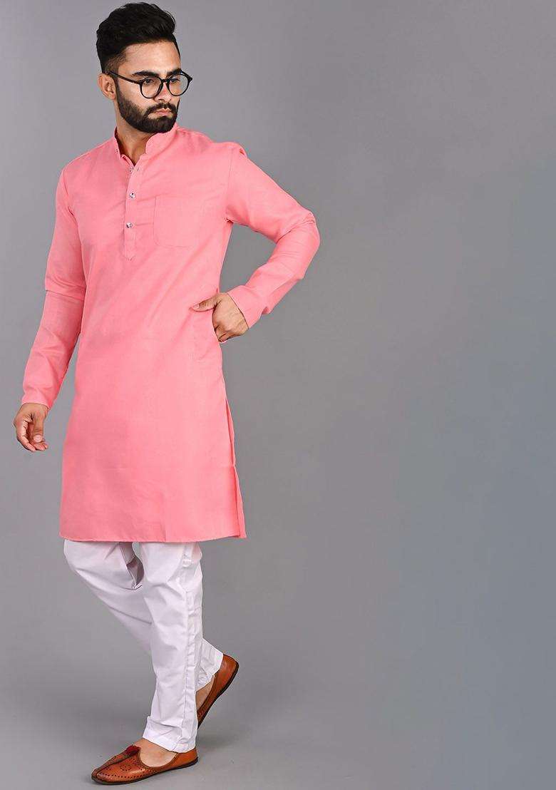 Pink Solid Cotton Kurta Set For Men - Indya