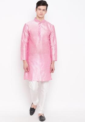 Pink Solid Silk Kurta Set For Men