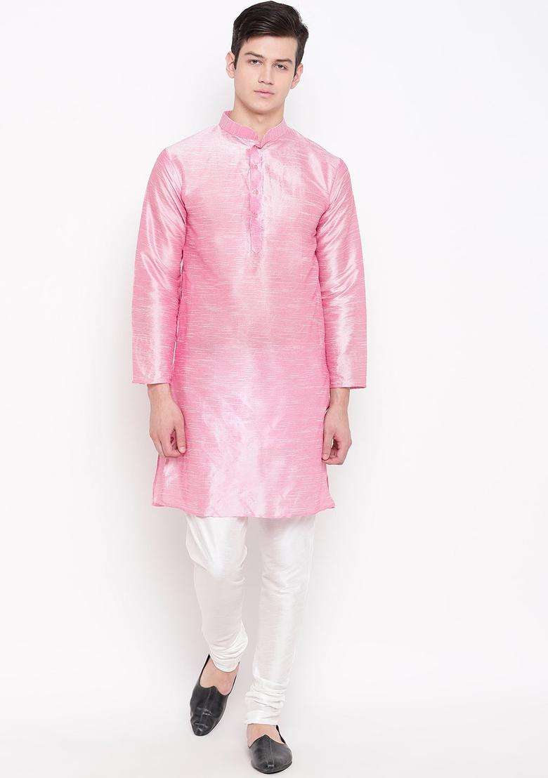 Pink Solid Silk Blend Kurta Set For Men - Indya