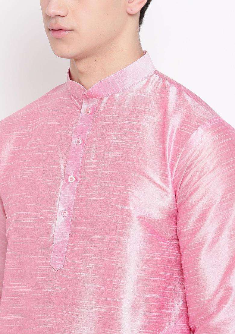 Pink Solid Silk Blend Kurta Set For Men - Indya