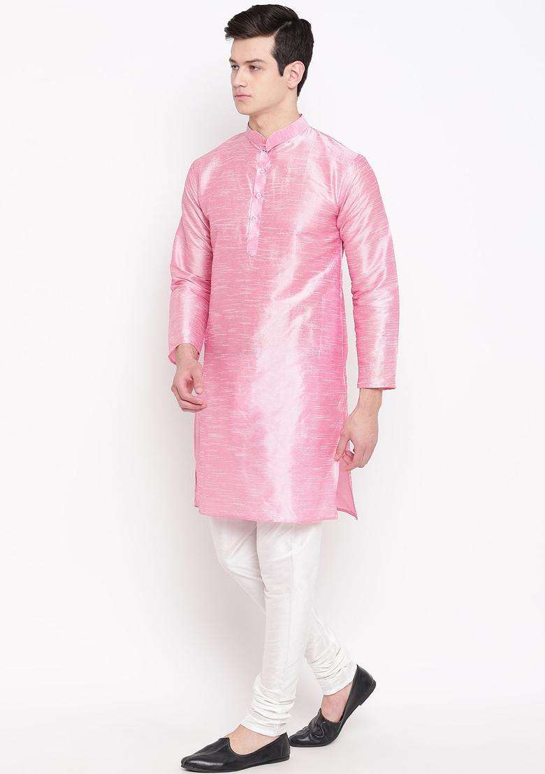 Pink Solid Silk Blend Kurta Set For Men - Indya