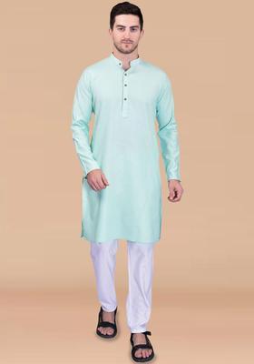 Blue Solid Cotton Kurta Set For Men