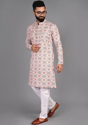 White Printed Cotton Kurta Set For Men