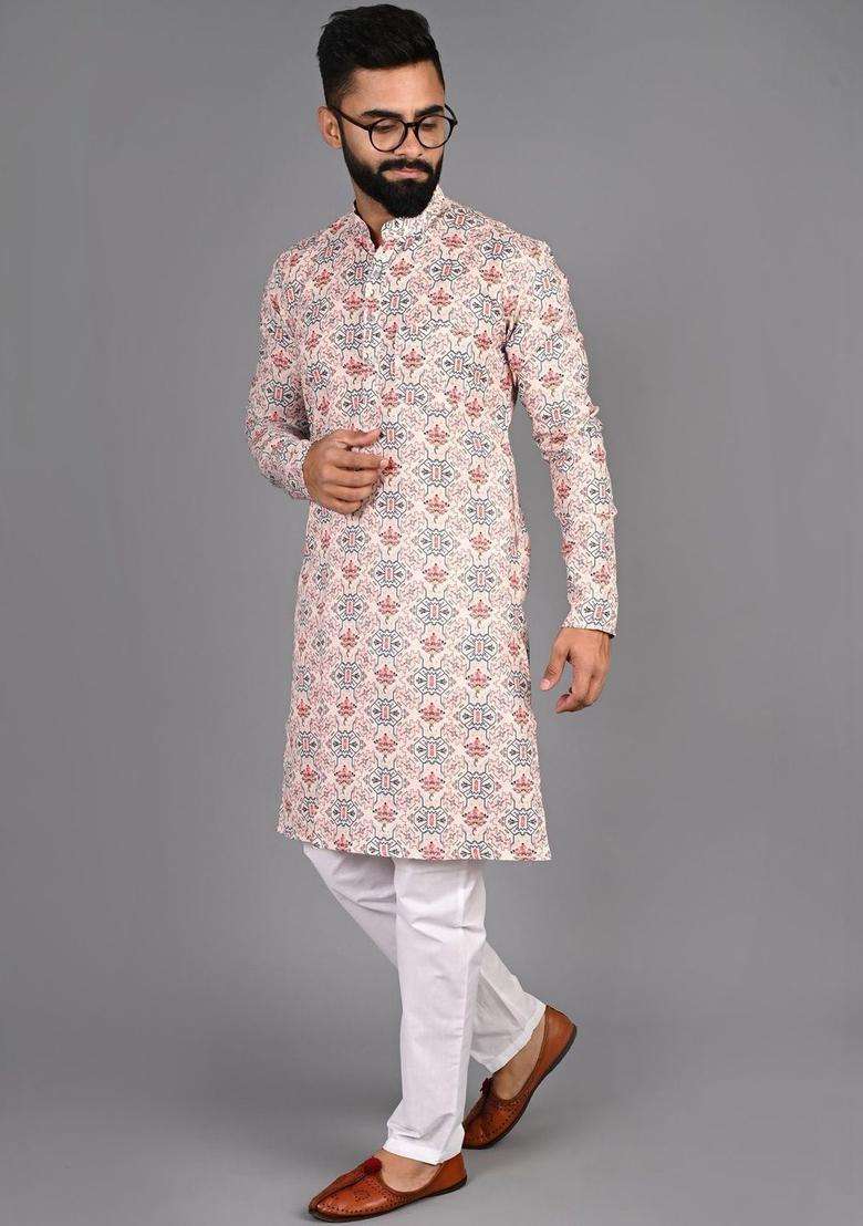 White Printed Cotton Kurta Set For Men - Indya