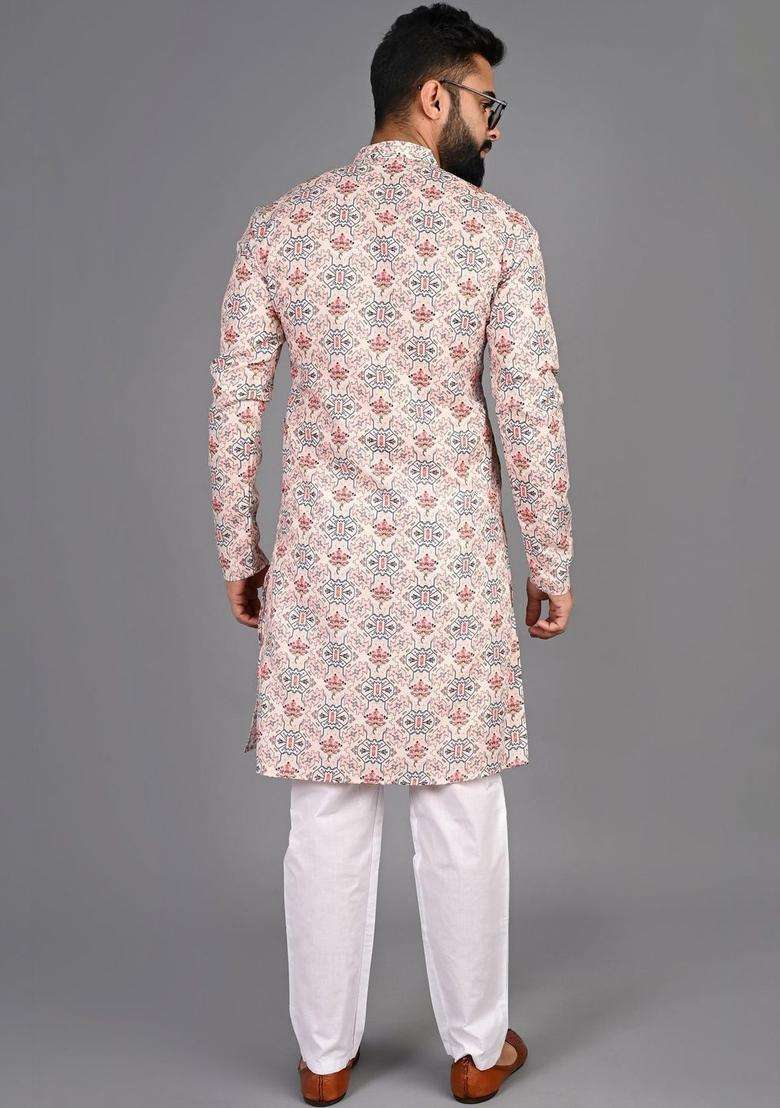 White Printed Cotton Kurta Set For Men - Indya