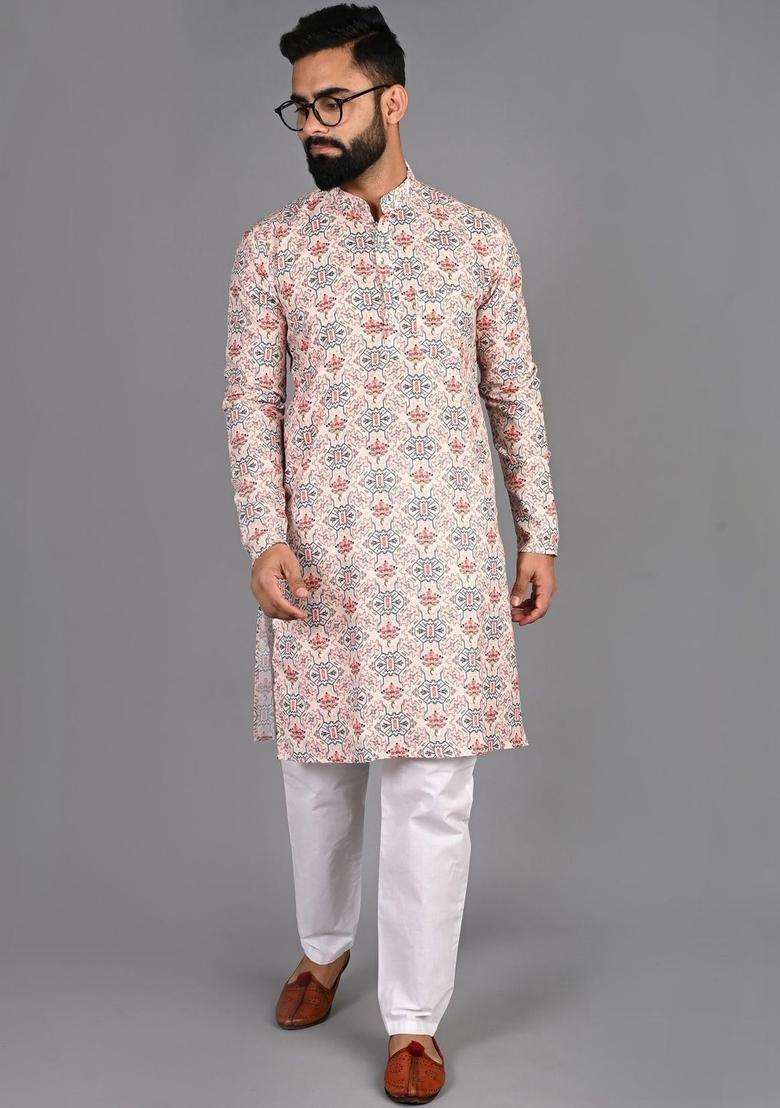 White Printed Cotton Kurta Set For Men - Indya