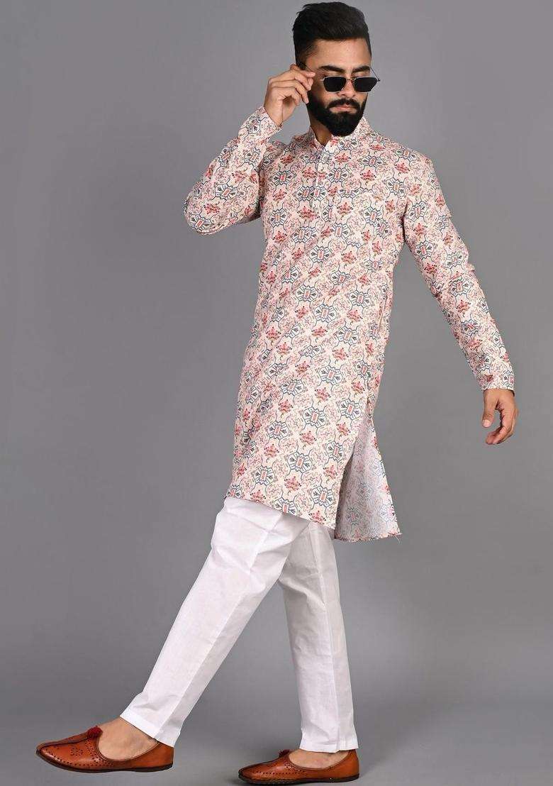 White Printed Cotton Kurta Set For Men - Indya