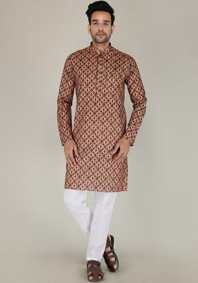 Maroon Embroidered Cotton Kurta Set For Men