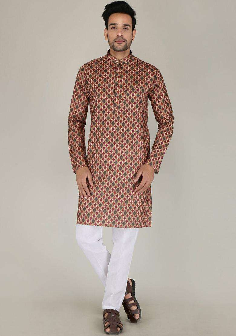Maroon Embroidered Cotton Kurta Set For Men - Indya
