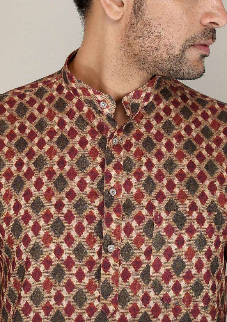 Maroon Embroidered Cotton Kurta Set For Men - Indya