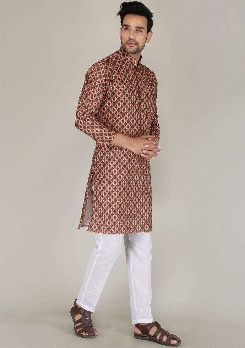 Maroon Embroidered Cotton Kurta Set For Men - Indya