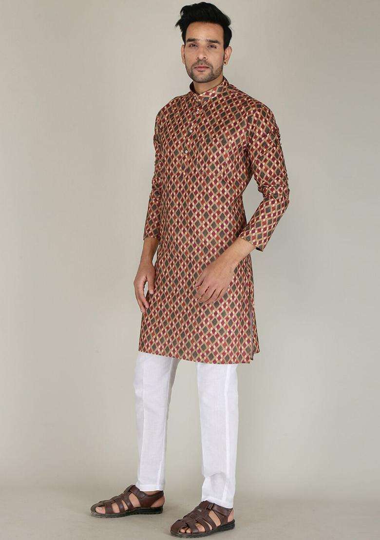 Maroon Embroidered Cotton Kurta Set For Men - Indya