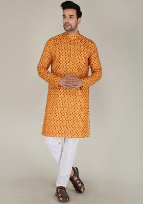 Yellow Embroidered Cotton Kurta Set For Men