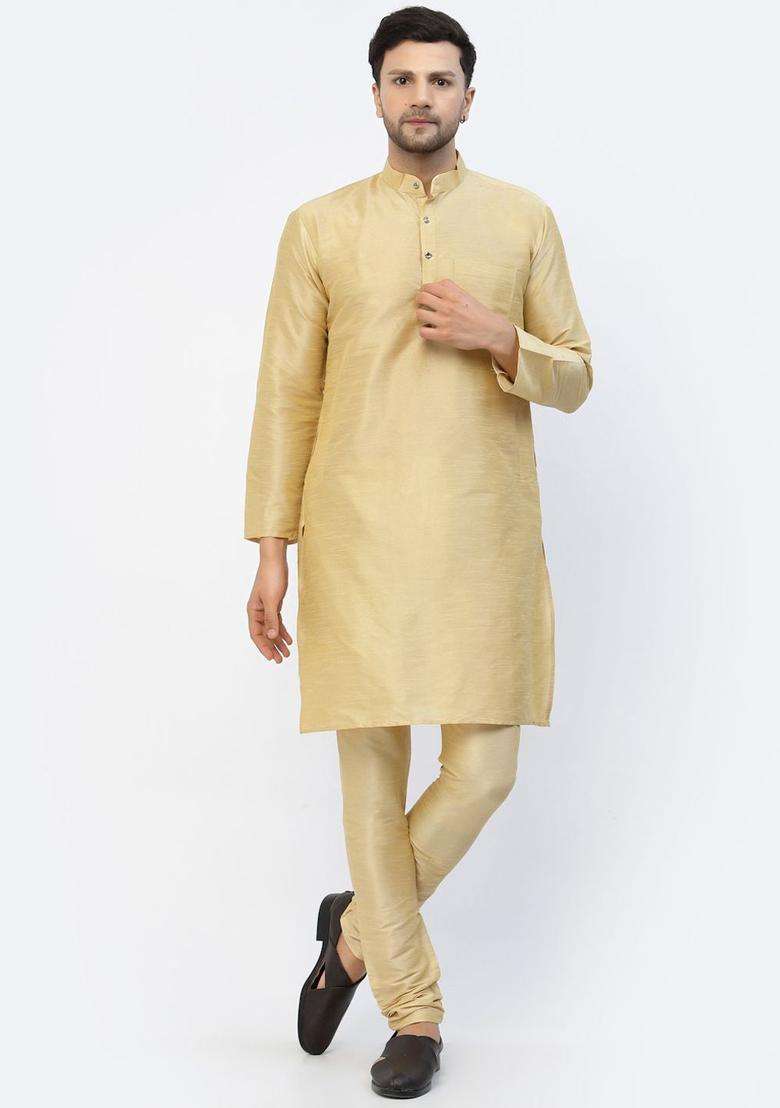 Gold Solid Silk Blend Kurta Set For Men - Indya