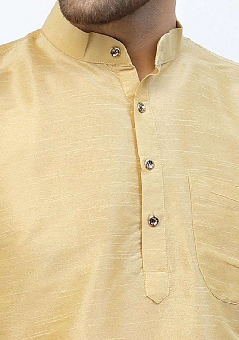 Gold Solid Silk Blend Kurta Set For Men - Indya