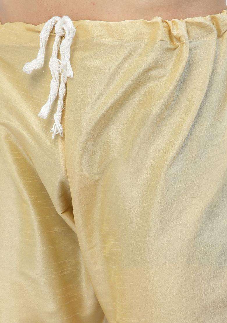 Gold Solid Silk Blend Kurta Set For Men - Indya